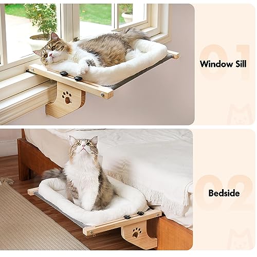 AMOSIJOY Cat Sill Window Perch Sturdy Hammock Seat with Cushion Bed Cover, Wood & Metal Frame for Large Cats, Easy to Adjust Windowsill, Bedside, Drawer and Cabinet(Cushion Bed) - color: White, size: 24.4''L X 15''W