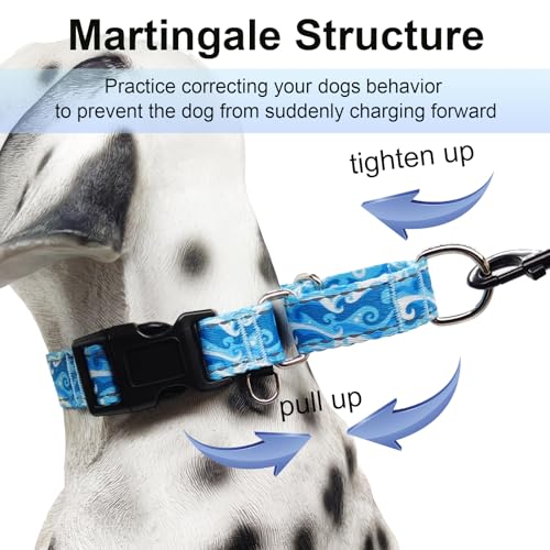 Reflective Martingale Collar with Quick Release Buckle Anti Pulling Boy Male Adjustable Dog Collars (Blue Waves, Medium) - color: Blue Waves, size: Medium