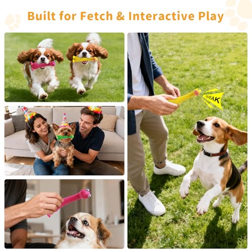 Latex Squeaky Dog Toys, 3 Pack Soft Rubber Dog Chew Toys, 7" Standing Stick Animal Pet Toy to Keep Them Busy, Interactive Fetch Squeak Toy for Puppy Small Dogs - color: Purple & Yellow & Green