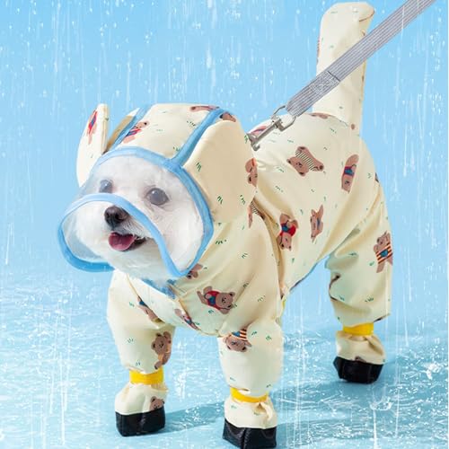 Junchl Small Dog Raincoat Rainboots with D-Ring, Full Coverage Dog Rain Jacket Slicker Poncho, Waterproof Dog Rain Jacket with Reflective Strip, Rainboot, Tail Cover Yellow Bear XS - color: Yellow Bear, size: XS:Back 8"(1-2lb)