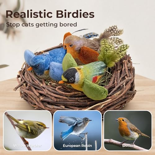 2-pack catnip cat toys that stimulate indoor cats' natural hunting instincts,Interactive plush bird toy with realistic chirping sounds to tease your cat (Brown artificial bird + green artificial bird) - color: Brown artificial bird + green artificial bird