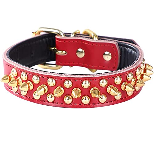 Spiked Studded Dog Collar, Soft Genuine Leather Dog Collar, Adjustable Dog Collars for Small Medium Large Dogs Breeds Pit Bull (S fit Neck 10.5-13", Red) - color: Red, size: S fit Neck 10.5-13"