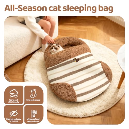 Jiupety Cat Sleeping Bag Cat Beds for Indoor Cats Self-Warming Dog Sleeping Bag Cozy Plush Portable Snuggle Sack Cat Bed Cave Machine Washable for Cats & Small Dogs,Brown Large
