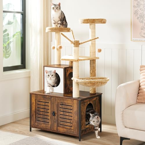HOOBRO Cat Tree with Litter Box Enclosure, Scratching Posts, Litter Box Enclosure Furniture for Indoor Cats, All-in-One Wooden Cat Tower Condo House with Cat Hammock, Rustic Brown BF14MZ03 - color: Rustic Brown