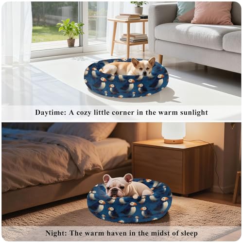 Pet Bed Puffins Lovely Cat Snuggler Soft Winter Cushion, Cozy Round Bolster Nest for Indoor Kittens & Small Pets 15" - size: X-Small