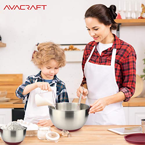 AVACRAFT 18/10 Stainless Steel Mixing Bowls with Lids, non slip silicone base bowls with Handle, Mixing Bowl Set with Pour Spouts & Measurement Marks, Home Essentials Cooking Bowls, (Red) - color: Red