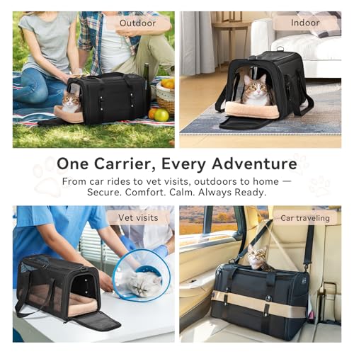 PETSFIT Soft-Sided Cat Carrier with Patented Safety Buckles, Lockable Zippers & Safety Tether,Escape-Resistant Travel Pet Carrier for Car Rides & Vet Visits, Airline Approved Under-Seat, Up to 12 lbs - color: Black, size: Medium