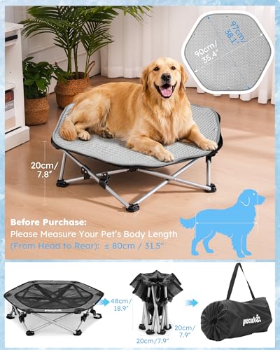 Pecute Elevated Dog Bed with Cooling Blanket, Chew Proof Outdoor Pet Cot for Large Dogs, Tool-Free Assembly & 360° Breathable Mesh for Summer Camping, Orthopedic Joint Support, XL, 38.2×35.4×7.9" - size: XL(38.2 × 35.4 ×7.9'')