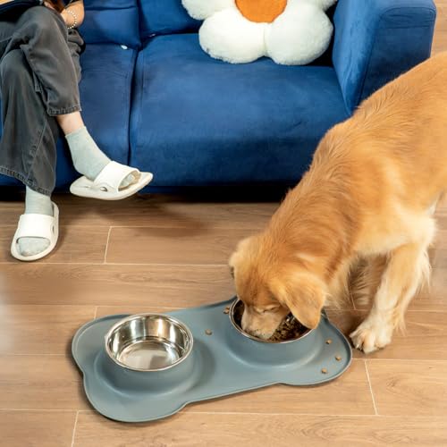 Conlun Dog Bowls with Non-Slip Silicone Mat, Spill Proof Large Food & Water Bowls Set, Easy Clean Dog Food Dish, Dishwasher Safe, Suitable for Dogs Cats Pet Under 90lbs, Large, Grey - color: Grey, size: Large-38oz