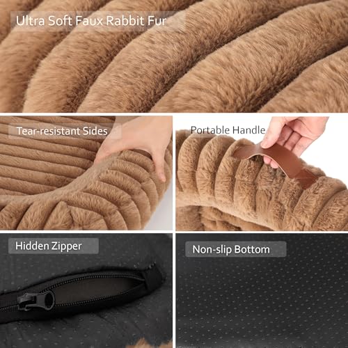 Cute Washable Dog Bed for Small Dogs -Soft Plush Calming Puppy & Cat Bed with Anti-Slip Bottom, Rectangle Anti-Anxiety Puppy Kennel Bed with Handle, 25" x 21" x 4", Brown - color: Brown, size: 25"L x 21"W x 4"Th