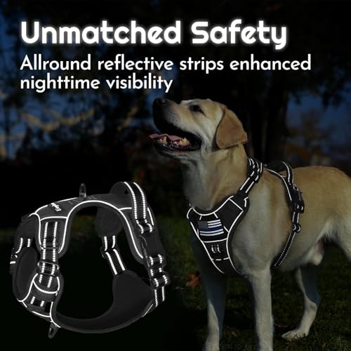 Dog Harness for Large Dogs, Easy Wearing with 3 Quick-Release Buckles, Adjustable No Pull Pet Harness with MOLLE System, No Choke Reflective Vest with Control Handle, Black, L - color: Black, size: Large