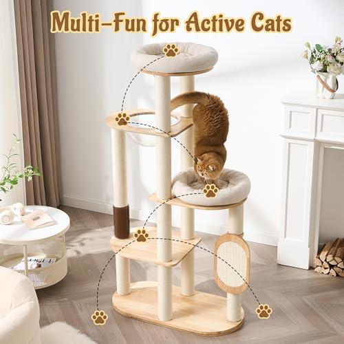 Modern Solid Wood Cat Tree for Indoor Cats Up to 15lbs, 60" Tall & Wide Cat Tower with Scratching Posts, Scratcher & Self-Grooming, Large Cat Beds, Capsule Nest, Multi-Level Cat Furniture - color: 60"Natural
