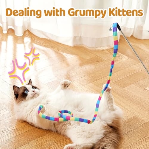 MiOYOOW Cat Wand Toy, 3PCS Rainbow Cat Teaser Stick with Bells Interactive Cats Toys for Indoor Cats Kittens Exercise Play