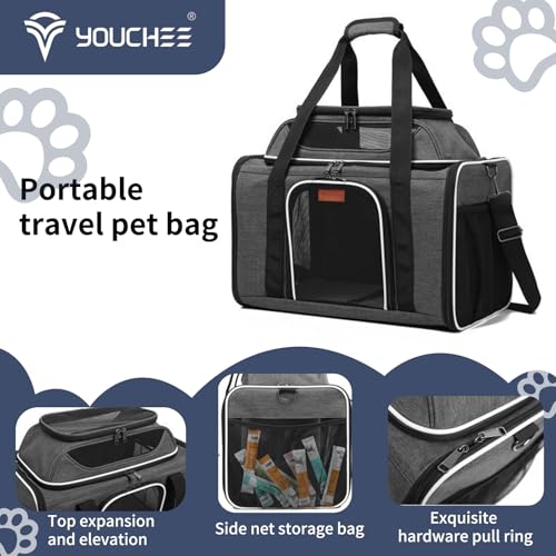 19" Large Pet Carrier for Cats & Small Dogs up to 25 lbs, Airline Approved Soft-Sided Dog Travel Bag, Top Expandable with Breathable Mesh, Washable Liner & Safety Tether. (Grey) - color: Grey