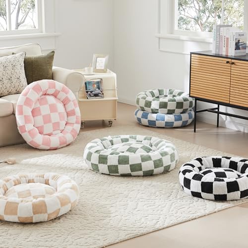 Ohocut Checkered Cat Dog Bed, Cute Black White Retro Style Aesthetic Round Warming Pet Calming Beds for Small Dog and Cats, Plush Cozy Donut Beds Washable, 23" L x 23" W x 8" Th - color: Black, size: 23"L x 23"W x 8"Th