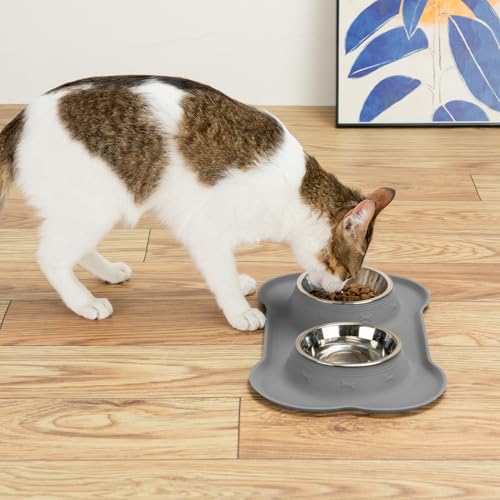 Conlun Dog Bowls with Silicone Feeding Mat,No Spill Food Water Dish Set,Dishwasher Safe,2 Stainless Steel Puppy Bowls with Dogs Bandanas,Suitable for Tiny Pets Under 8lbs,Extra Small,Grey - color: Grey, size: Extra Small-5 oz