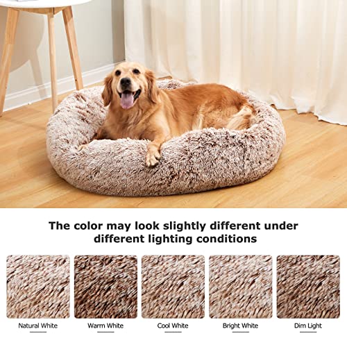 Bedfolks Calming Donut Dog Bed - 30" Round Plush for Medium Dogs, Anti-Anxiety, Machine Washable (Brown, Medium) - color: Brown, size: 30.0"L x 30.0"W x 8.0"Th