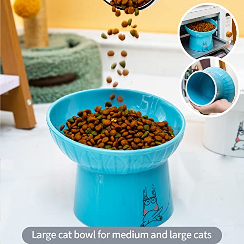 6.5 Inch Extra Wide Ceramic Raised Cat Bowls, Porcelain Tilted Elevated Cat Food Water Bowl Dish, Stress Free Pet Feeder Bowls Dishes for Elder Big Cats & Small Dogs, White & Blue - color: White & Blue
