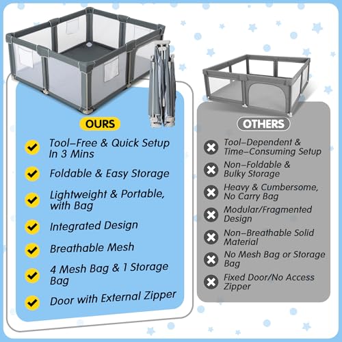 CAPAKIDS Foldable Baby Playpen 59"×71", Out-of-The-Box Ready Playpen for Babies and Toddlers, Portable Play Yard with Breathable Mesh & Gates, Storage Bag & 4 Handlers for Indoor & Outdoor - size: 59"x71"