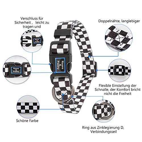 Roses&Poetry Dog Collar with Colourful Checkered Patterns, Adjustable Durable Puppy Collars for Small Medium Large Dogs (Black & White-XS) - color: Checkered, size: XS