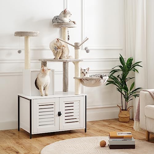 HOOBRO Cat Tree with Scratching Posts, Cat Tower Litter Box Enclosure Furniture for Indoor Cats, All-in-One Wooden Cat House Condo with Cat Hammock, Detachable Teaser Sticks, White BW14MZ03 - color: White