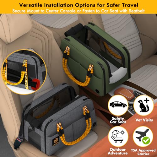 PAWZIDEA Center Console Dog Car Seat, Enclosed Small Dog Armrest Booster Carseat, Secure Straps &Anti Slip, Portable TSA Approved Puppy Pet Carrier Soft-Sided, Removable Pillow Storage Pocket, up 12lb - color: Mid-Hemp Grey