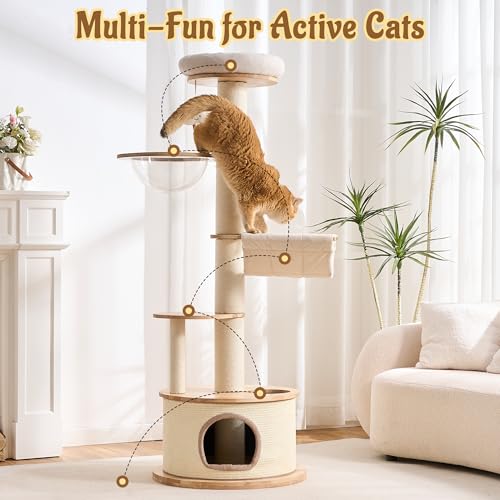64.2" Modern Cat Tree for Indoor Cats, Solid Wood Cat Tower with Chunky Scratching Posts, 20" Roomy Condo, Cat Bed, Hammock, Capsule Nest, Interactive Squeaky Toy, Multi-Level Cat Furniture - color: 64.2"Natural