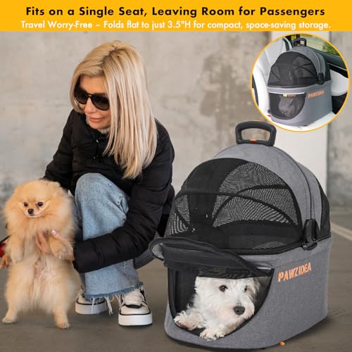 PAWZIDEA Portable Small Dog Crate for Car Travel up 33lbs, Enclosed Dog Car Seat Soft-Sided, Escape-Proof Reversible No-Zip Canopy, Foldable Pet Carrier Seatbelt for Small Medium Puppies & Cats Kennel - color: Mid-Hemp Grey, Small/Medium