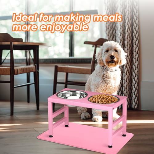 ADENGL Pink Metal Raised Dog Bowl Stand for Large Dogs, Stronger Elevated Dogs Bowls with Sprill Proof Mat, Food & Water Bowl 10in Tall Feeder (42OZ-Stainless Steel Dog Bowls, Mat-12x19 in) - color: Pink - L Silicone Dog Mat, size: Height-10inch