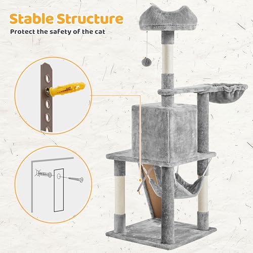 Yaheetech | 54in Cat Tree | Multi-Level Cat Tower w/Spacious Perch, Cozy Condo and Hammock, 3 Scratching Posts, Interactive Toy | Sturdy Pet Furniture | for Indoor Kittens to Large Cats | Light Gray - color: Light Gray