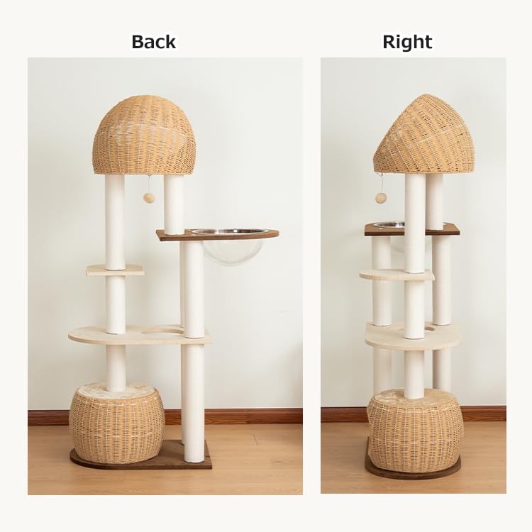 Modern Cat Tree for Large Cat, 60-Inch Tall Cat Tower with Scratching Post for Indoor Cats, Multi-Level Cat Condo with Hand-Woven Cat Bed and Acrylic Bowl (Brown-Particle Board) - color: Brown 81004D