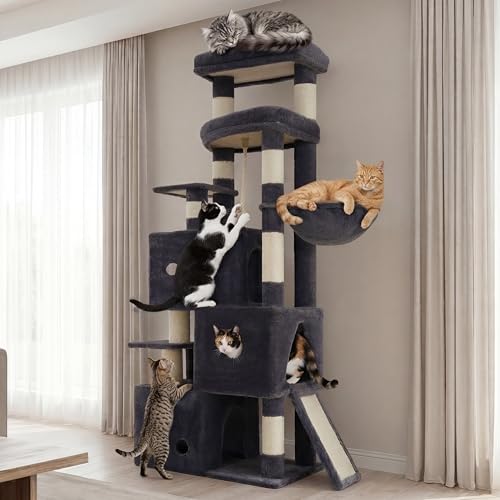 Heybly Cat Tree, 74-Inch Streamlined Cat Tower for Large Cats with 3-Tier Stacked Condos, Cat Furniture with Large Perch, Sturdy Base, Full Sisal Scratching Posts & Ramp, Smoky Gray HCT061G - color: Smoky Gray