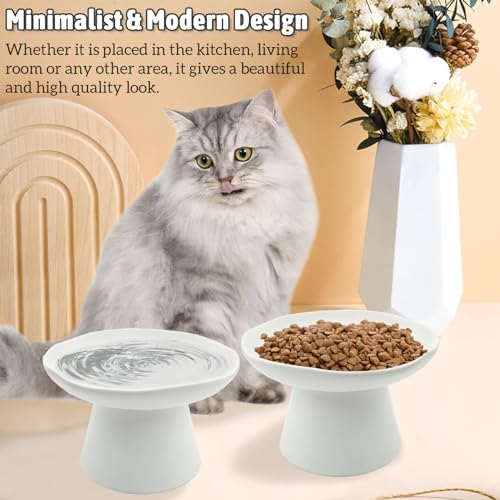 VCEPJH Raised Cat Food Bowls Shallow Cat Plate Pack of 2 Ceramic Elevated Cats Dish 6.1in Flat Anti Whisker Fatigue Wide Pet Food & Water Feeder for Indoor Kitty Kitten (White) - color: White
