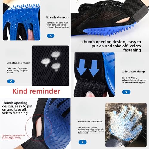 Deshedding Glove & Detangling Comb Set for Dogs Cats - Grooming Brush for Shedding, Bathing, Bonding, Small Animals & Horses - Right Hand Use (Blue)