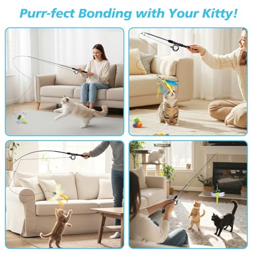 Pawaboo Cat Feather Toys, 4 Pack Interactive Cat Feather Teaser Wand Toys, Retractable Fishing Pole Wand Catcher Exerciser with Refill Fish, Dragonfly Worm with Bells, Blue Yellow Green - color: Bionic Colorful Feather