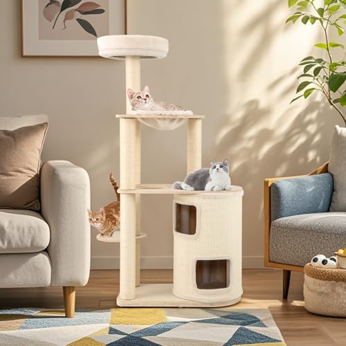 Tangkula Cat Tree Tower, 60 Inch Multi-Level Modern Wooden Cat Tower with 2-Story Condo, Sisal Scratching Posts & Mat, Perch, Hammock, Washable Plush Cushion for Indoor Cats Large Adult - size: 60 Inch