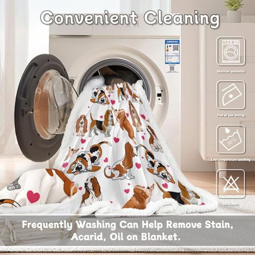BlessLiving Basset Hound Blanket Queen Size 90x90 Inches - 3D Red Hearts Dog Print Plush & Sherpa Throw, Ultra Soft Cozy Fleece Blanket for Adults, Kids, Pet Lovers, Cute Puppy Gift - color: Basset Hound, size: Queen, 90 x 90 Inches