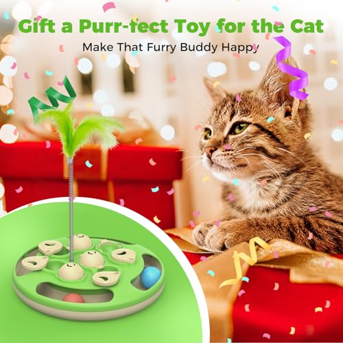 3 in 1 Cat Treat Puzzle Feeder, Level 3 Interactive Cat Puzzle Toy with Track Balls, Feather Teaser & Slow Feeder Insert, Non-Slip Base, Mental Stimulation for Bored Indoor Cats, Green - color: Green