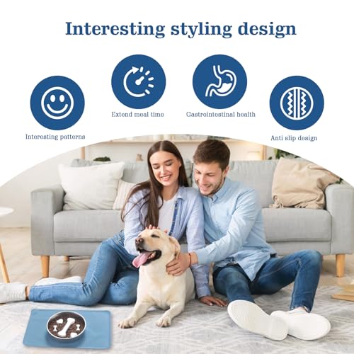 Stainless Steel Slow Feeder Dog Bowls – Non-Slip Metal Dog Bowl for Large & Medium Breeds, Puppy Puzzle Feeder – 2 Cup Capacity for Small to Big Pets – Durable Slow Feed Dog & Cat Food Dish with Mat - color: Bone&Heart With Mat-Blue