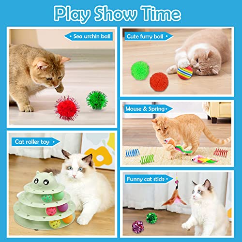 UPSKY 20 PCS Cat Toys - 3-Level Turntable Roller with Balls for Indoor Cats, Kitten Set with Teaser, Mice, Spring, and Various Ball Toys - color: B-20PCS-Fruit Green
