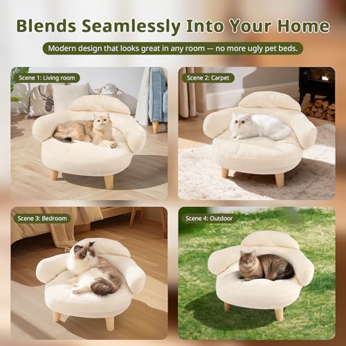 Cat Sofa Furniture-Style Pet Bed with Removable Cotton Velvet Cover, Solid Pine Wood Legs, for Cats and Small Dogs, White - color: White