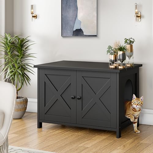 Shintenchi Cat Litter Box Enclosure, Litter Box Furniture Hidden with Removable Divider, Cat House with End Table, Black, 31.5 inch - color: Black
