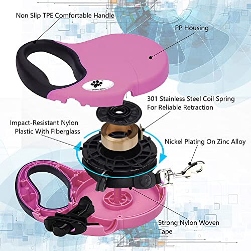 16 ft Retractable Dog Leash for Large Dogs up to 44 lbs,Tangle-Free Nylon Tape,Pink M - color: pink, size: Medium