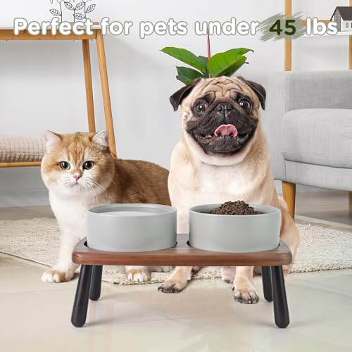 SPUNKYJUNKY Ceramic Elevated Dog Bowls Raised with Acacia Bamboo Wooden Stand, 6.1'' Dog and Cat Food Water Bowls Set Non-Slip for Small Medium Sized Breed Microwave Dishwasher Safe - 28.7 OZ,Grey - color: Grey, size: 6.1 in - Dual