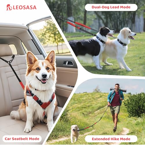 Double Dog Leash - No Tangle Splitter for Two Dogs, Coupler with Adjustable Long Lead Rope, Dual Control Handles, Retractable No Pull Bungee, Walk Train Small Medium Large 2 Pets (Red) - color: Red