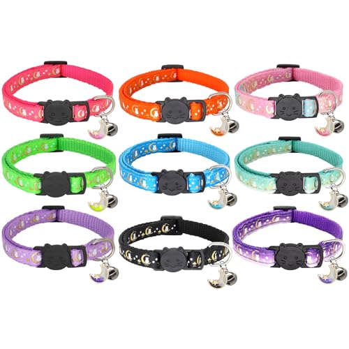 2 Pack Breakaway Cat Collar with Bells,Adjustable Moon and Star Kitten Safety Collars for Boys & Girls,Black+Purple - color: Black+Purple
