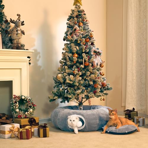 Cat Tunnel Bed for Indoor Cats 35.5 Inch XL Cat Donut Tunnels Cute Tubes Round Pet Play Tunnel Toy for Kitten Puppy Rabbit with Washable Circle Cushion Grey