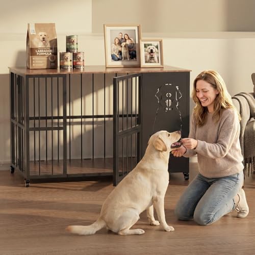 JUNEU 42'' Dog Crate Furniture, Easy Assembly Dog Kennel Indoor, Collapsible Heavy Duty Dog Crate for Medium/Large Dog(35-60 lb), Wooden Corner Dog Crate with Wheels & Adjustable Bowl Holders