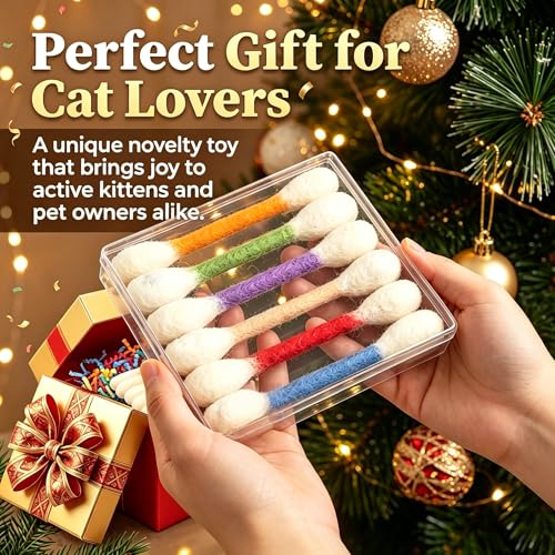 Cotton Swabs Cat Toys with Catnip 6 Pack, Durable Big Kitten Chew Sticks, Dental Teething Ropes, Giant Interactive Felt Kitty Kicker Toys for Boredom (Mix)