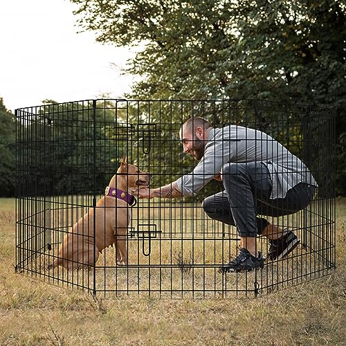 Dog Pen Pet Playpen Dog Fence Indoor Foldable Metal Wire Exercise Puppy Play Yard Pet Enclosure Indoor Outdoor 8 Panels 30 Inch with Bottom Pad/Top Cover(Black 30 top Cover) - style: Playpen + top cover